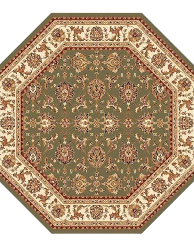 7' Green And Ivory Floral Octagon Rug