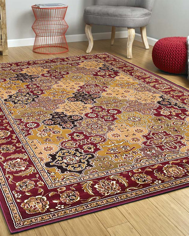 7' Red Orange And Black Quatrefoil Octagon Rug