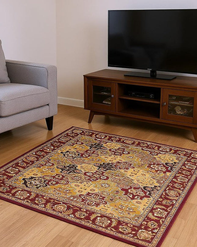 7' Red Orange And Black Quatrefoil Octagon Rug
