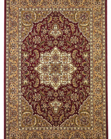 7' Red And Beige Floral Medallion Octagon Rug