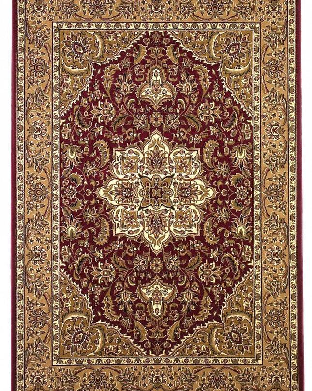 7' Red And Beige Floral Medallion Octagon Rug