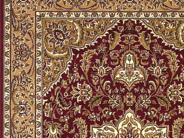 7' Red And Beige Floral Medallion Octagon Rug