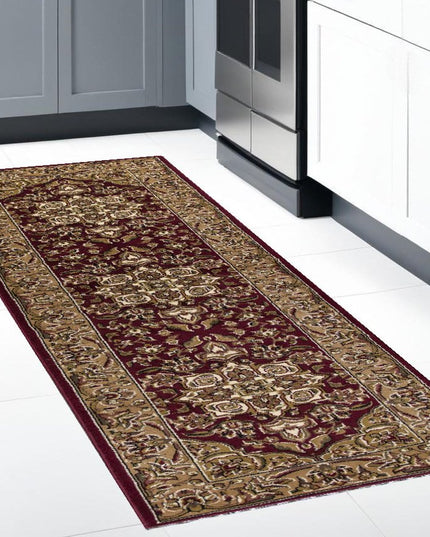7' Red And Beige Floral Medallion Octagon Rug