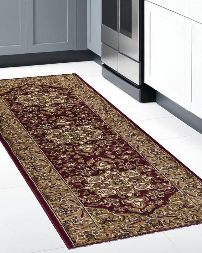 7' Red And Beige Floral Medallion Octagon Rug