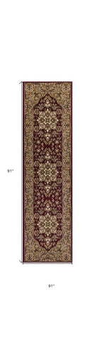 7' Red And Beige Floral Medallion Octagon Rug