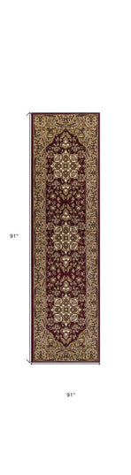 7' Red And Beige Floral Medallion Octagon Rug