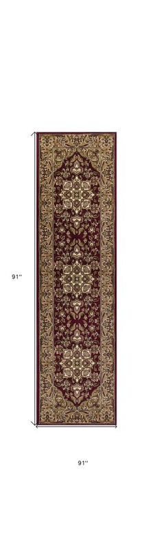 7' Red And Beige Floral Medallion Octagon Rug