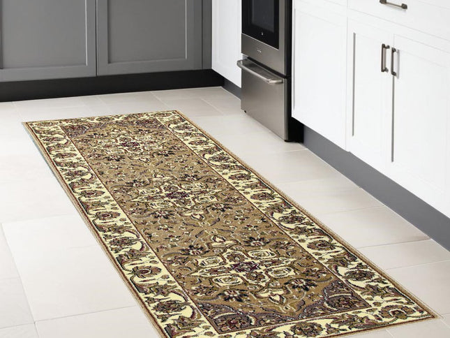 7' Beige And Ivory Floral Octagon Rug
