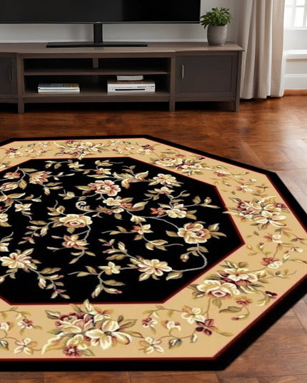 7' Tan Black And Beige Floral Vines Octagon Rug