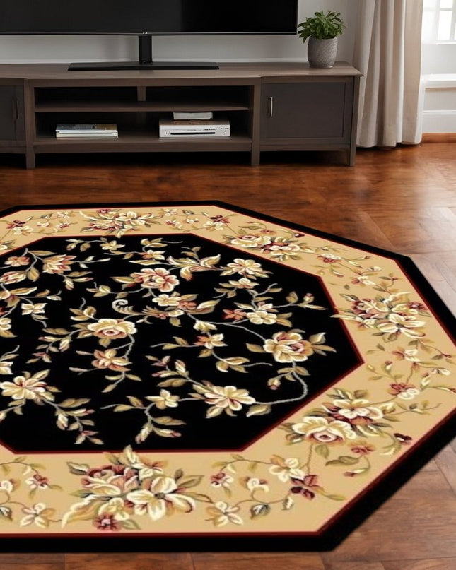 7' Tan Black And Beige Floral Vines Octagon Rug