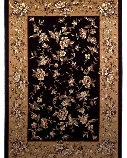 7' Tan Black And Beige Floral Vines Octagon Rug