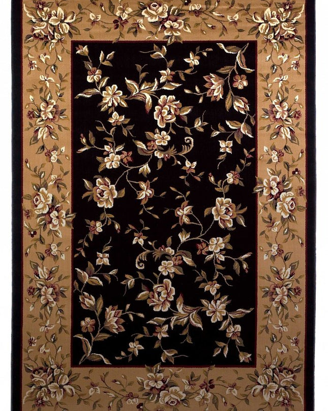 7' Tan Black And Beige Floral Vines Octagon Rug