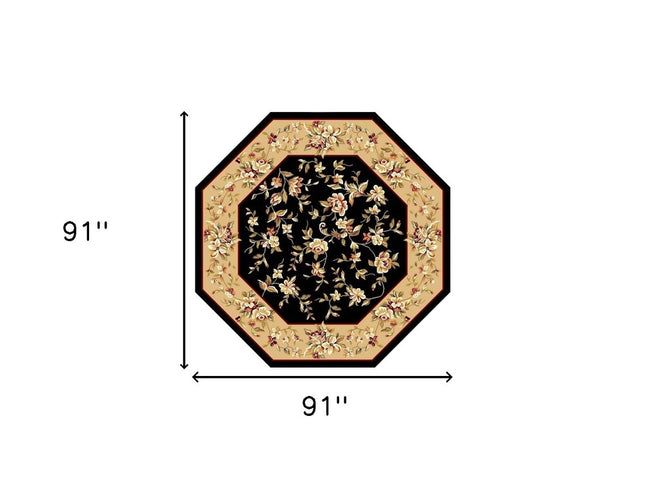 7' Tan Black And Beige Floral Vines Octagon Rug