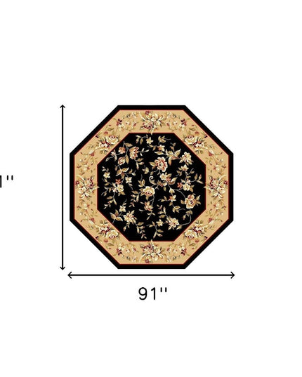 7' Tan Black And Beige Floral Vines Octagon Rug