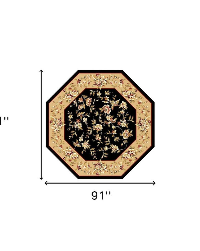 7' Tan Black And Beige Floral Vines Octagon Rug