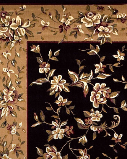 7' Tan Black And Beige Floral Vines Octagon Rug