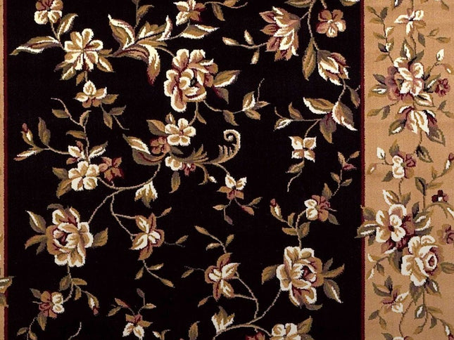 7' Tan Black And Beige Floral Vines Octagon Rug