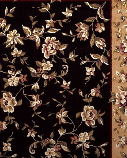 7' Tan Black And Beige Floral Vines Octagon Rug