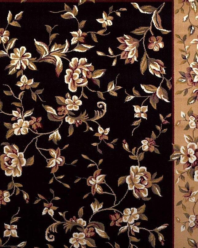 7' Tan Black And Beige Floral Vines Octagon Rug