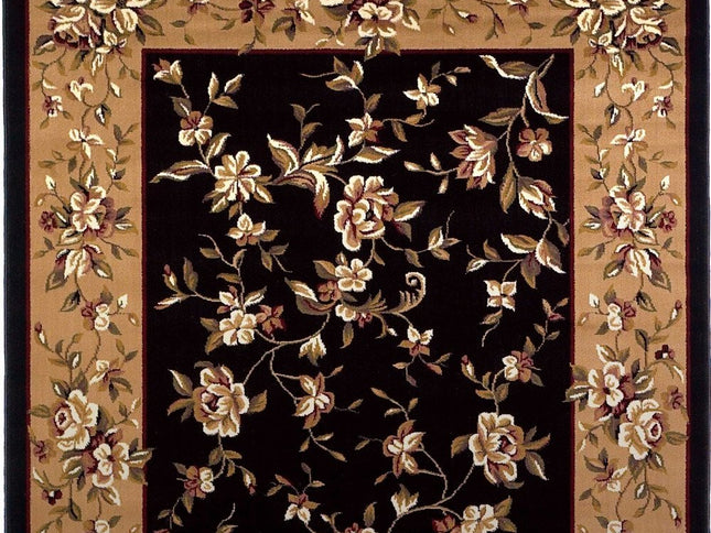 7' Tan Black And Beige Floral Vines Octagon Rug