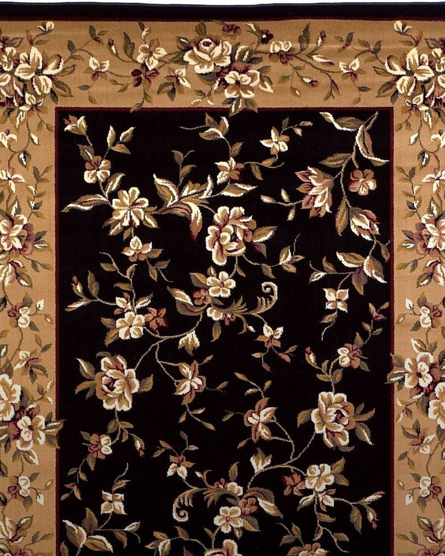 7' Tan Black And Beige Floral Vines Octagon Rug