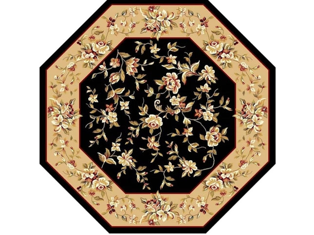 7' Tan Black And Beige Floral Vines Octagon Rug
