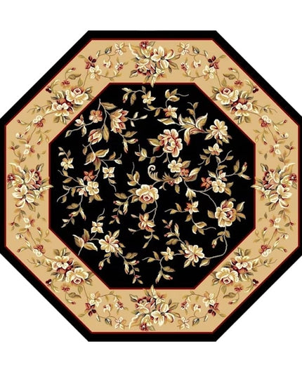 7' Tan Black And Beige Floral Vines Octagon Rug