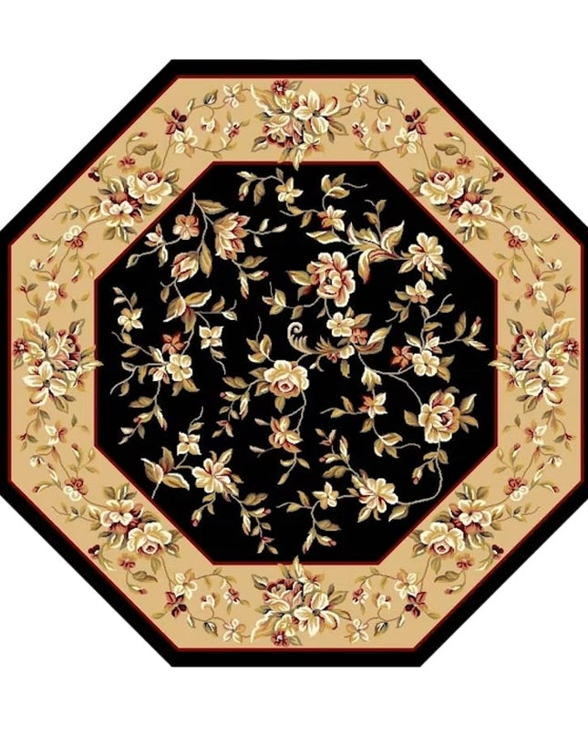 7' Tan Black And Beige Floral Vines Octagon Rug