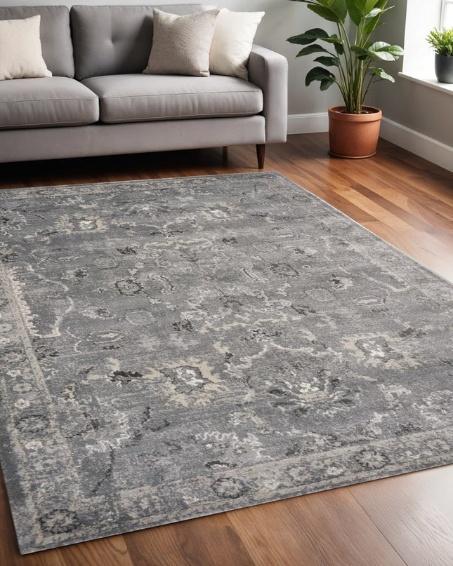 5' X 8' Gray And Light Gray Floral Medallion Area Rug