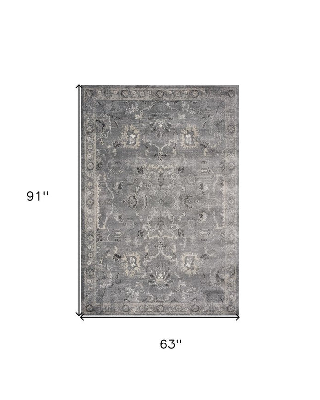 5' X 8' Gray And Light Gray Floral Medallion Area Rug