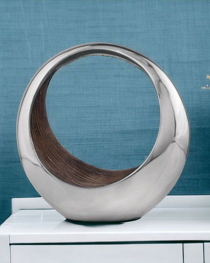 16" Silver and Brown Buffed Aluminum Tabletop Sculpture