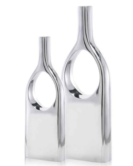 Set of Two Silver Aluminum Modern Hole Table Vases