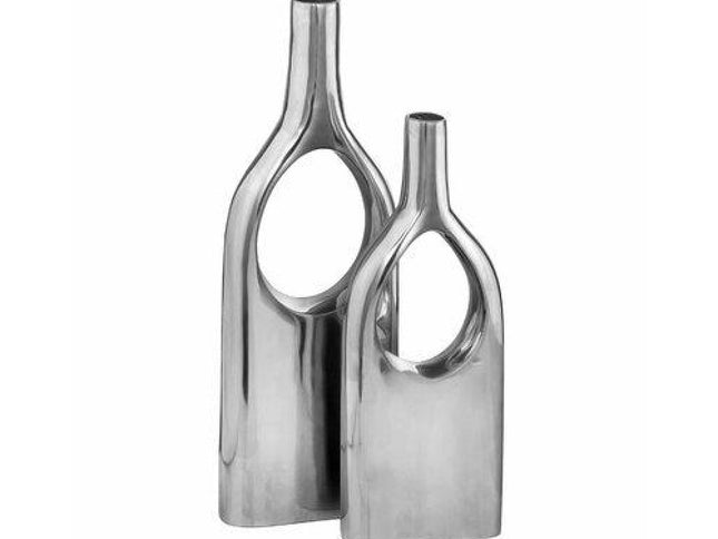 Set of Two Silver Aluminum Modern Hole Table Vases