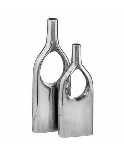 Set of Two Silver Aluminum Modern Hole Table Vases