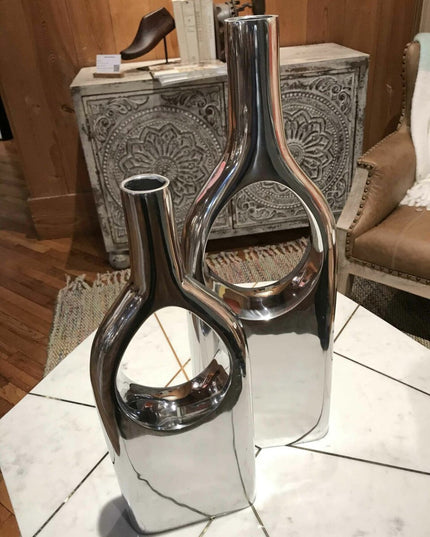 Set of Two Silver Aluminum Modern Hole Table Vases