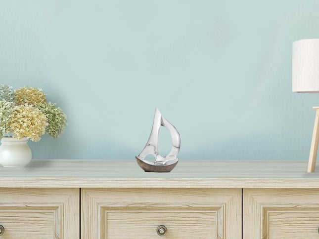 12" Brown and Silver Buffed Aluminum Sailboat Tabletop Sculpture