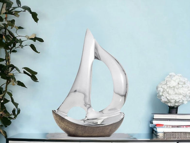 12" Brown and Silver Buffed Aluminum Sailboat Tabletop Sculpture