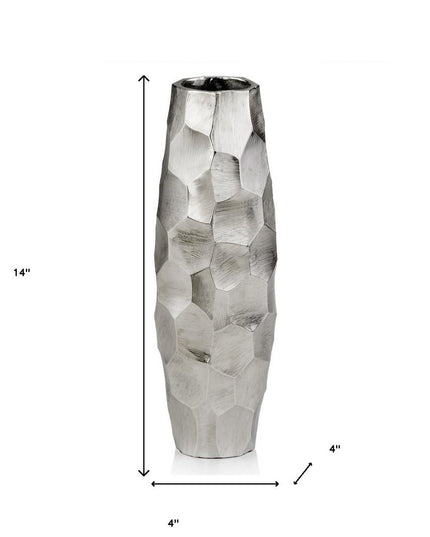 14" Aluminum Silver Faceted Geometric Cylinder Table Vase