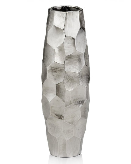 14" Aluminum Silver Faceted Geometric Cylinder Table Vase