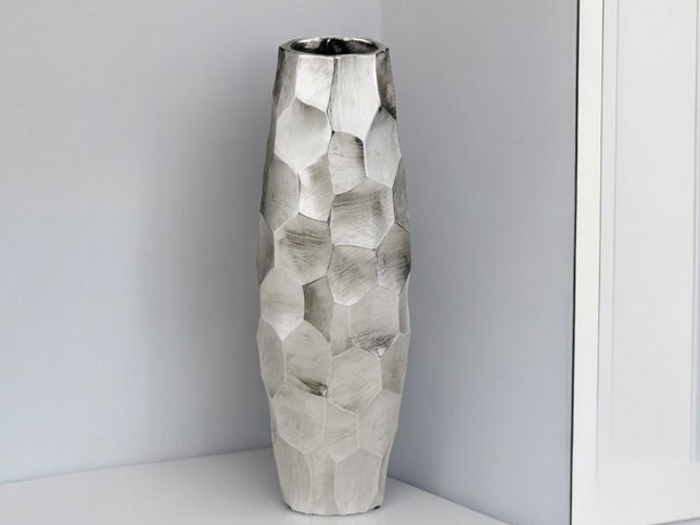 14" Aluminum Silver Faceted Geometric Cylinder Table Vase