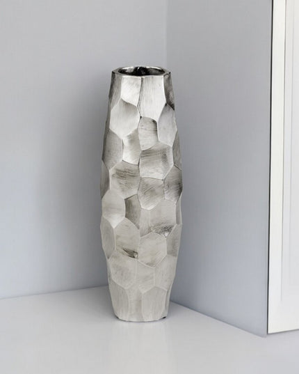 14" Aluminum Silver Faceted Geometric Cylinder Table Vase