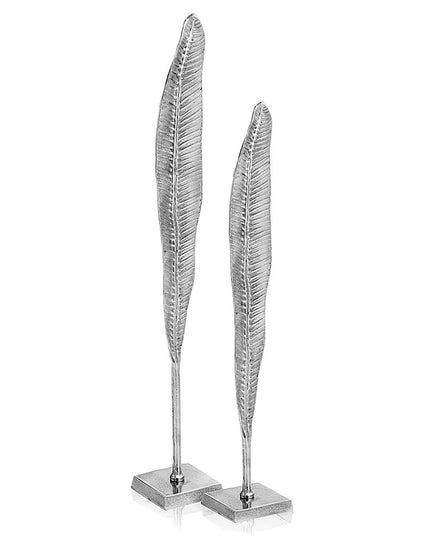 Set of Two Silver Aluminum Tall Feather Tabletop Sculptures
