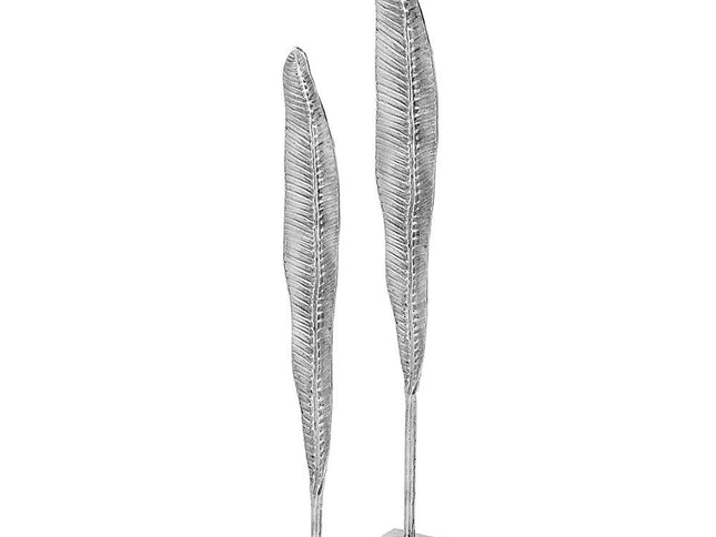 Set of Two Silver Aluminum Tall Feather Tabletop Sculptures