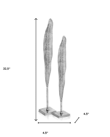 Set of Two Silver Aluminum Tall Feather Tabletop Sculptures