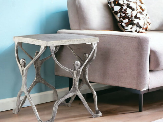 18" Silver And Antiqued White Aluminum Square End Table