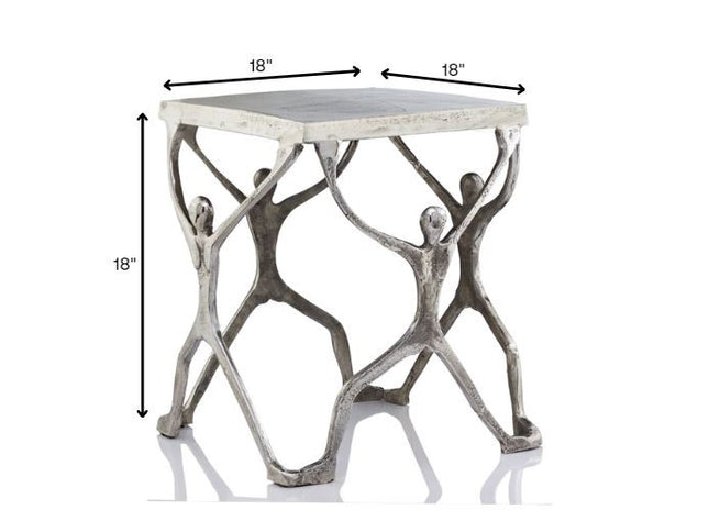 18" Silver And Antiqued White Aluminum Square End Table