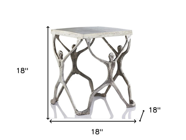 18" Silver And Antiqued White Aluminum Square End Table