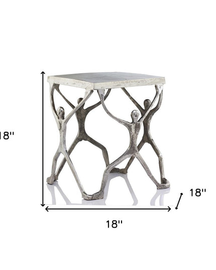 18" Silver And Antiqued White Aluminum Square End Table