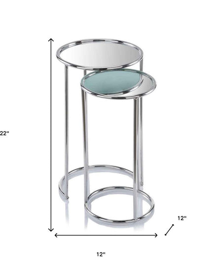 22" Silver Aluminum Round Mirrored End Table