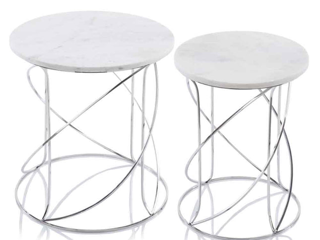 Set of Two White and Silver Marble and Metal Round Pedestal End Tables